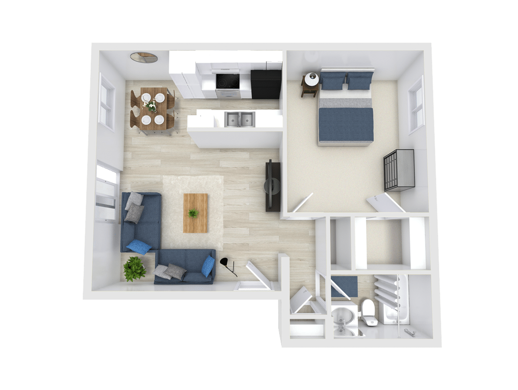 Charming 3D floor plan displaying a cozy one-bedroom apartment with an open living area, modern kitchen, and elegant bathroom.