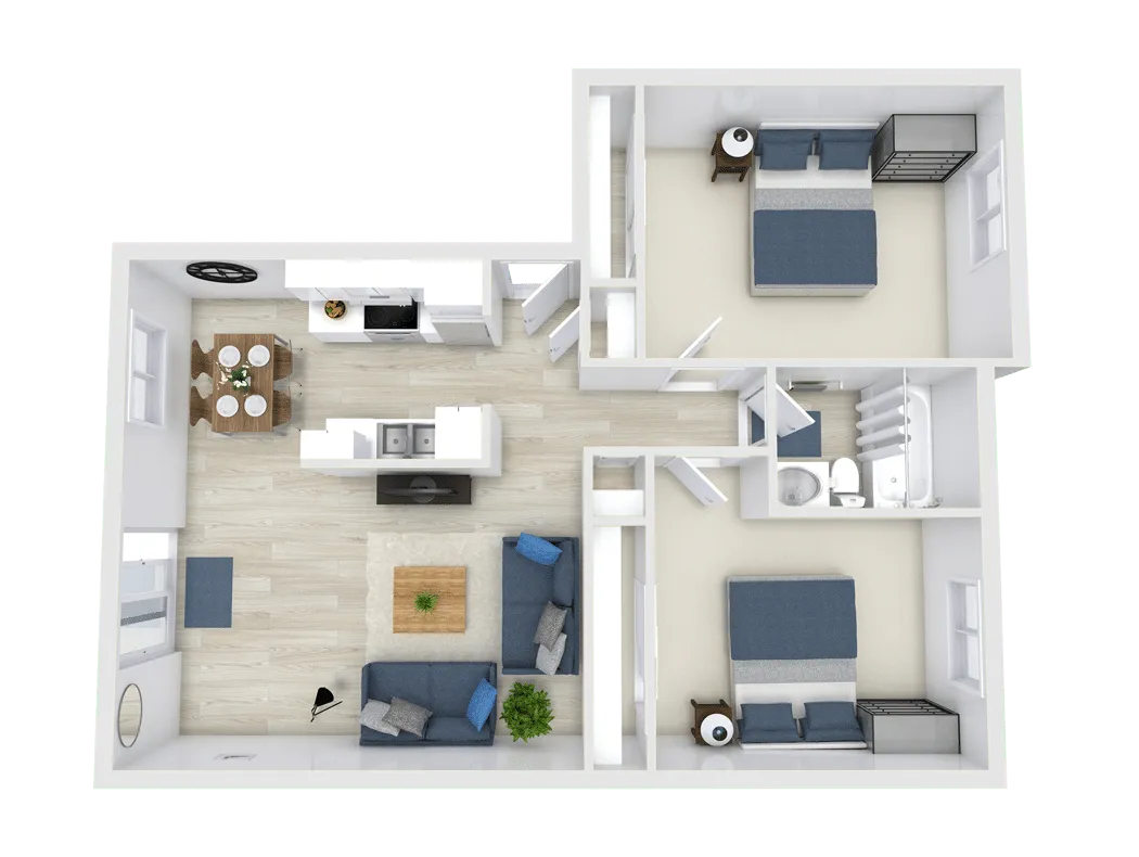 Modern 2D floor plan featuring 2 cozy bedrooms, a stylish open-concept living area, a sleek kitchen, and a bright dining space.