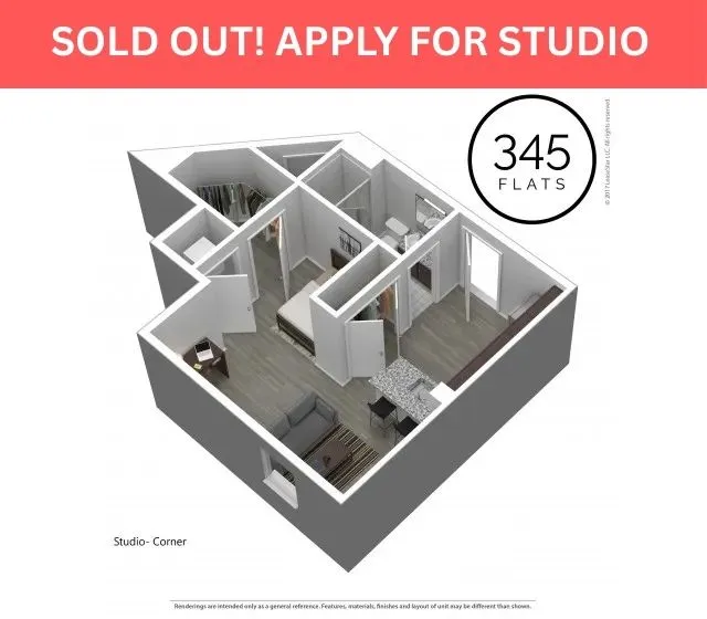 Elegant 3D floor plan of a corner studio apartment at 345 Flats, featuring a compact and modern design with open living space, cozy bedroom area, and sleek kitchen.