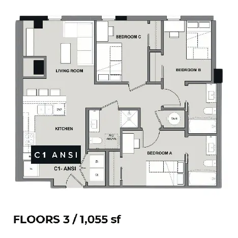 Modern C1 ANSI floor plan featuring 3 bedrooms, a spacious living room, and a functional kitchen, covering 1,055 sq ft on Floor 3.