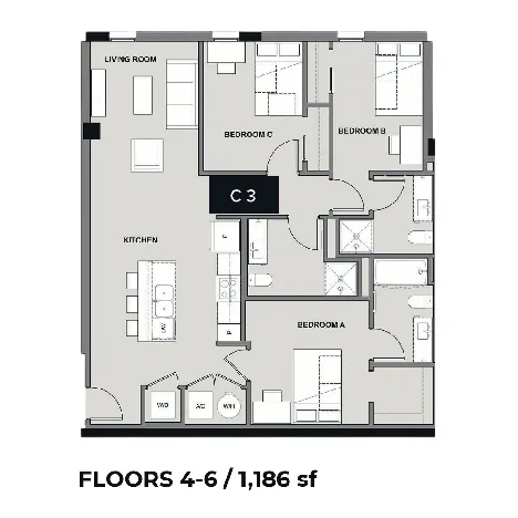 Modern floor plan for floors 4-6, featuring 3 bedrooms, spacious living room, and an elegant kitchen, 1,186 sq ft.