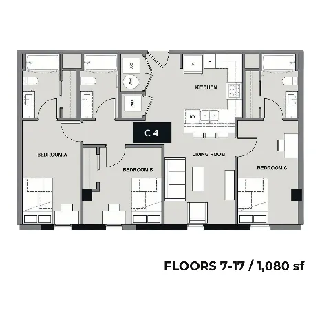 Chic and functional floor plan for floors 7-17, featuring 3 bedrooms, a modern kitchen, and a spacious living room, totaling 1,080 sq ft.