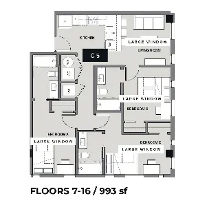 Contemporary floor plan featuring a spacious living room, three bedrooms, modern kitchen, and large windows, covering 993 sq ft across floors 7-16.