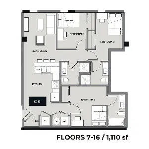 Modern 3-bedroom apartment floor plan with a spacious kitchen, elegant living room, and convenient layout on floors 7-16, 1,110 sq ft.
