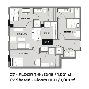 Modern floor plan for C7 layout featuring three bedrooms, a spacious living room, and functional kitchen. Located on floors 7-9 and 12-18; shared on floors 10-11, offering 1,001 sq ft of elegant living space.