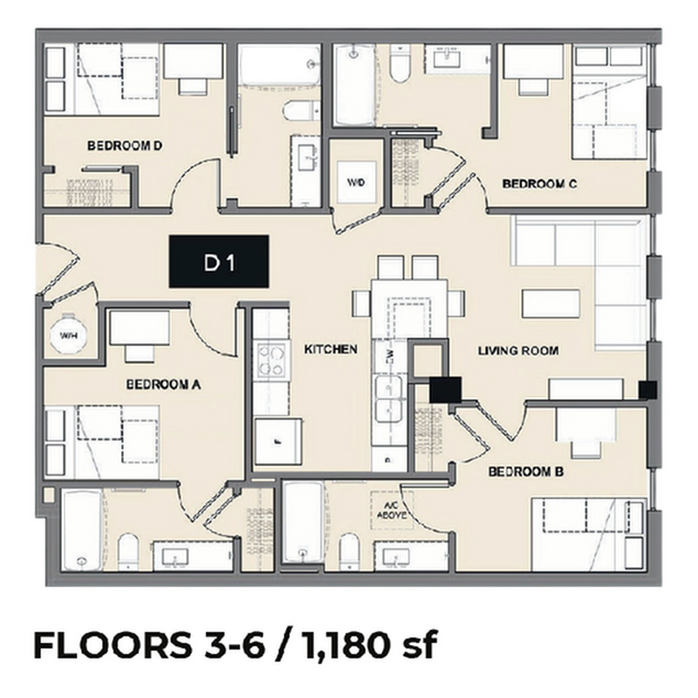 Modern floor plan for apartments on floors 3-6, featuring 4 bedrooms, 2 bathrooms, spacious living room, and open kitchen layout, spanning 1,180 sq ft.