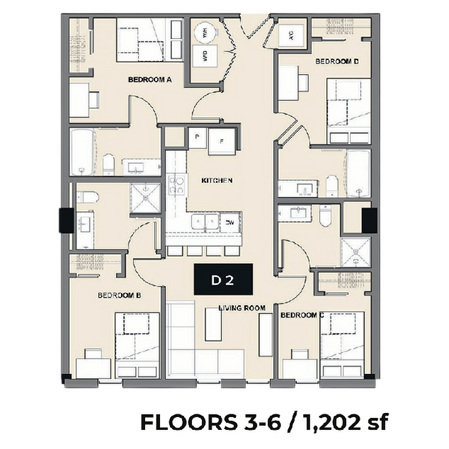 Modern floor plan for floors 3-6 showcasing 4 bedrooms, a central open kitchen, and a spacious living room, totaling 1,202 sq ft.