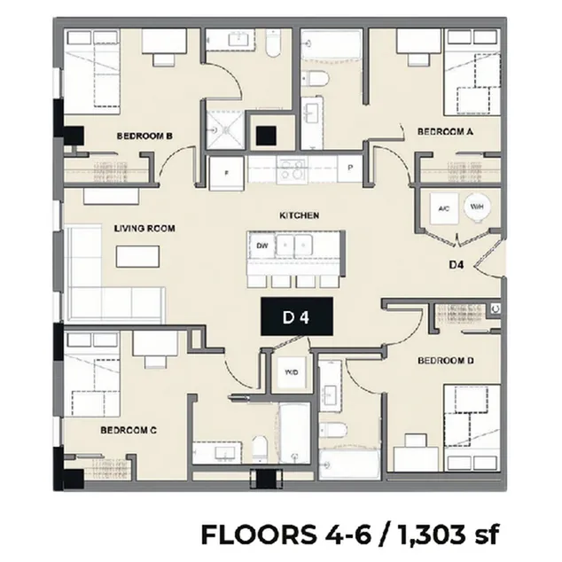 Sophisticated floor plan for floors 4-6 showcasing 4 spacious bedrooms, an open kitchen, and a cozy living room, covering 1,303 sq ft.