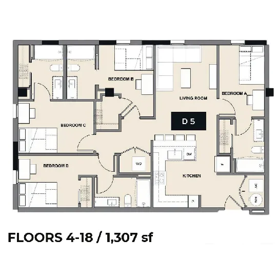 Modern floor plan D5 showcasing 4 bedrooms, spacious living room, and open kitchen, spanning 1,307 sq ft on floors 4-18.