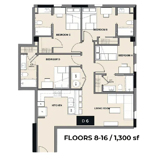 Modern floor plan showcasing 4 spacious bedrooms, elegant living room, and a well-appointed kitchen, spanning 1,300 sq ft on floors 8-16.