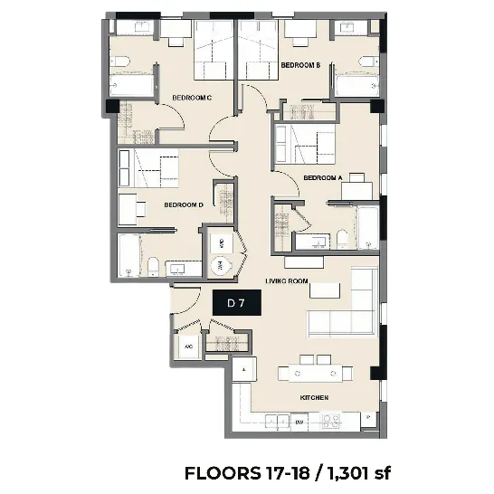 Modern floor plan for floors 17-18 featuring 4 spacious bedrooms, a contemporary kitchen, and a cozy living room in a 1301 sq ft layout.