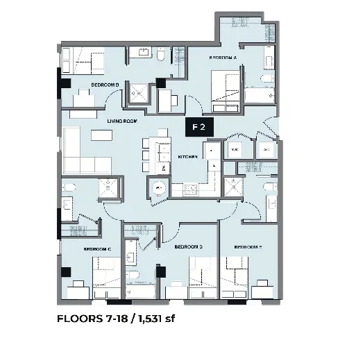 Modern floor plan for floors 7-18 showcasing 4 bedrooms, spacious living area, and contemporary kitchen in a 1,531 sq ft layout.