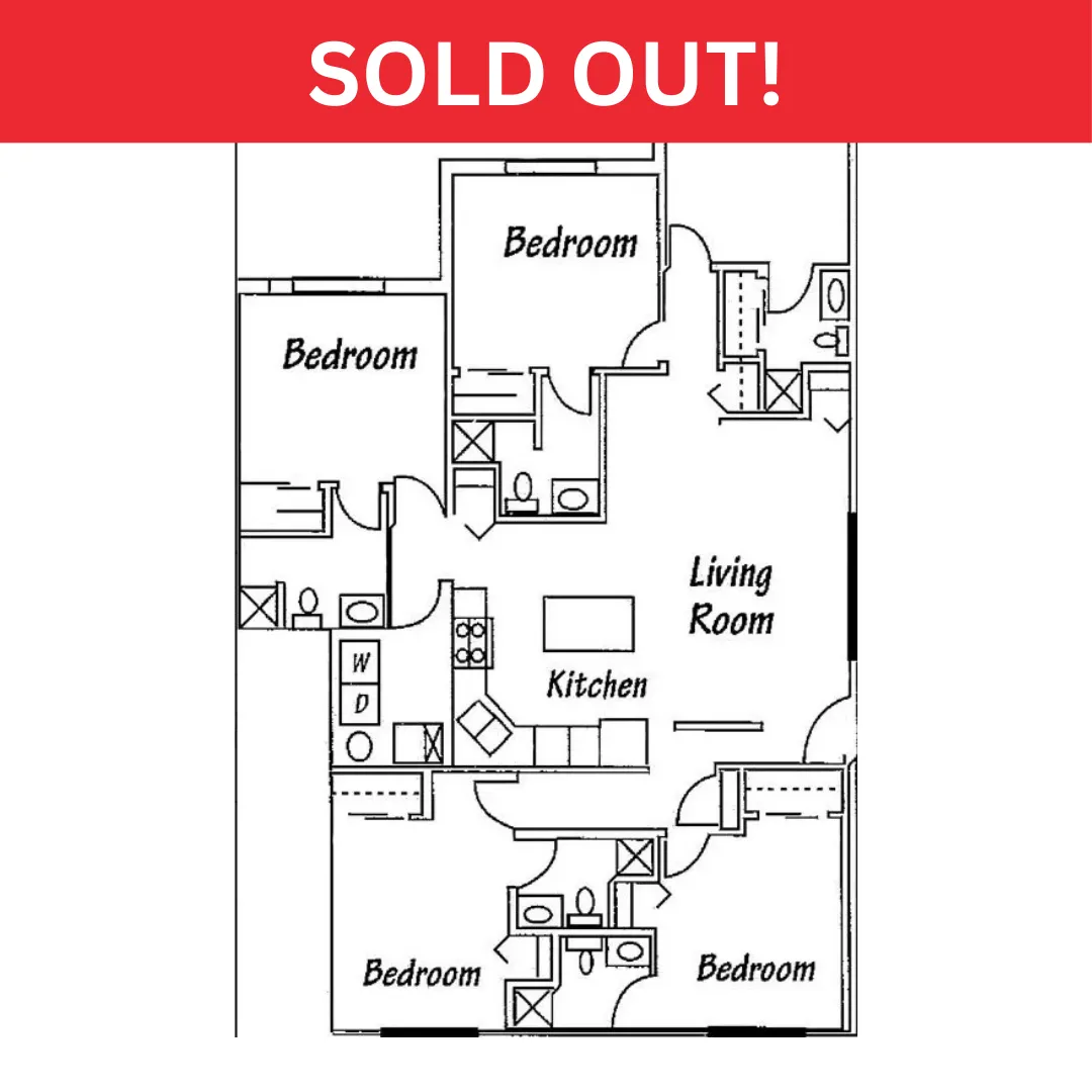Spacious floor plan featuring 4 bedrooms, an open kitchen, and a welcoming living room, elegantly designed for modern living.