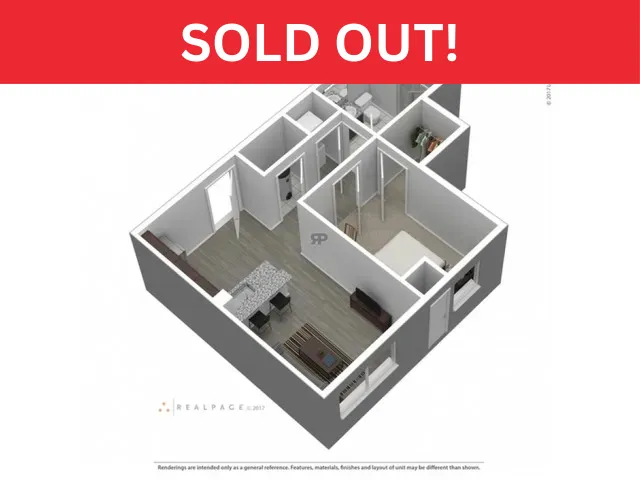 Chic 3D floor plan showcasing modern layout with one bedroom, open living area, and kitchen design.