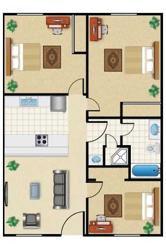 Modern apartment floor plan showcasing 3 bedrooms, a sleek kitchen, and a cozy living area.