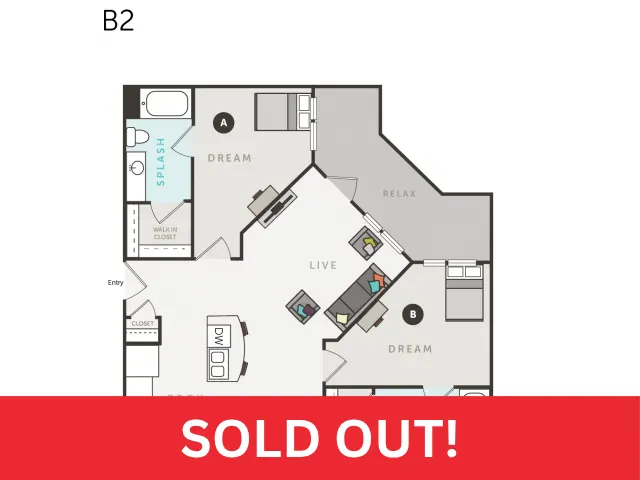 Chic B2 floor plan showcasing 2 dreamy bedrooms, a stylish kitchen, and a comfortable living area, perfectly designed for modern living.