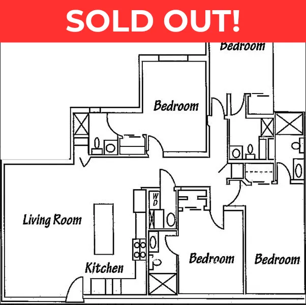 Spacious floor plan featuring 3 bedrooms, a modern kitchen, expansive living room, and 2 bathrooms, marked as sold out.