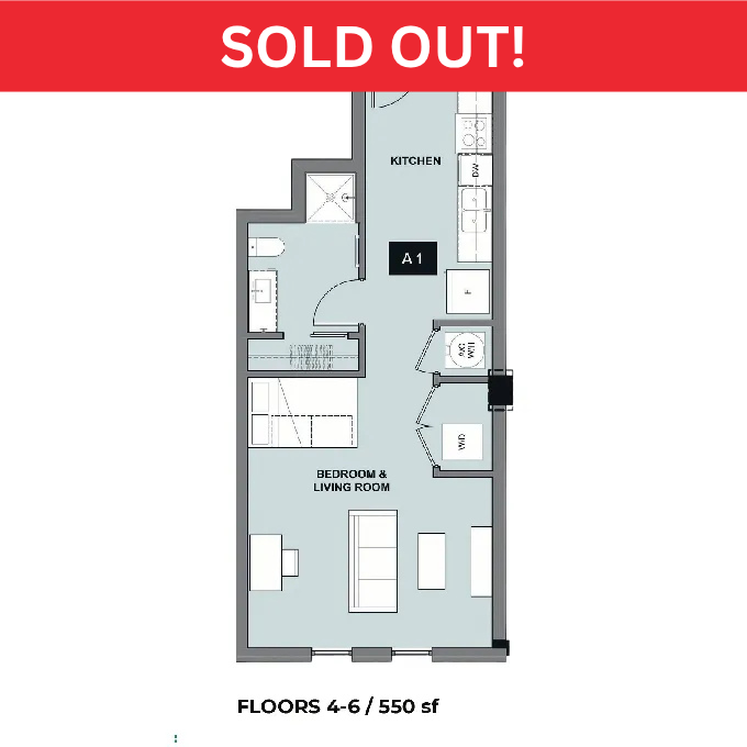 Modern A1 floor plan showcasing an open-concept bedroom and living room, sleek kitchen, and compact layout in 550 sq ft for floors 4-6.