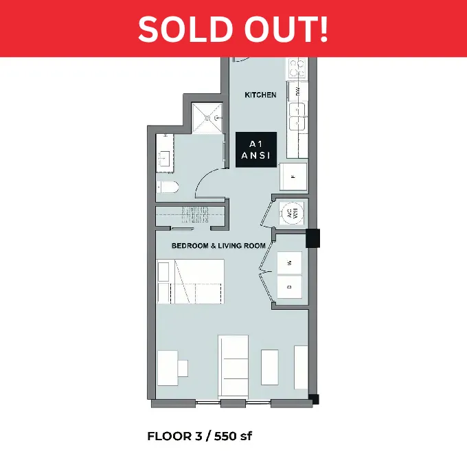 Efficient floor plan of a stylish studio apartment with an integrated bedroom and living room, modern kitchen, neat bathroom, on the third floor, 550 sq ft. Sold out!