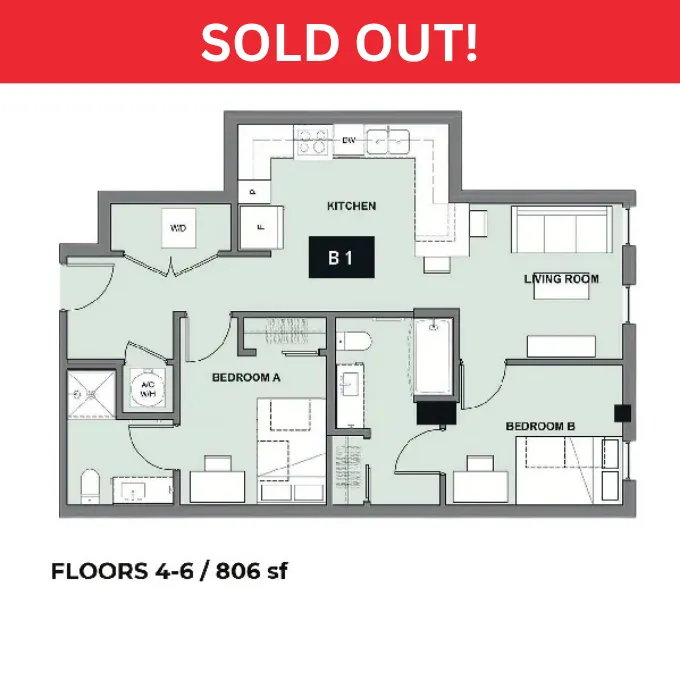 Modern floor plan of B1 layout, featuring a spacious kitchen, vibrant living room, and two cozy bedrooms across 806 sq ft on floors 4-6.