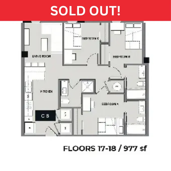 Contemporary 2D floor plan for 3-bedroom apartment with open living room and modern kitchen, 977 sq ft on floors 17-18, marked as sold out.