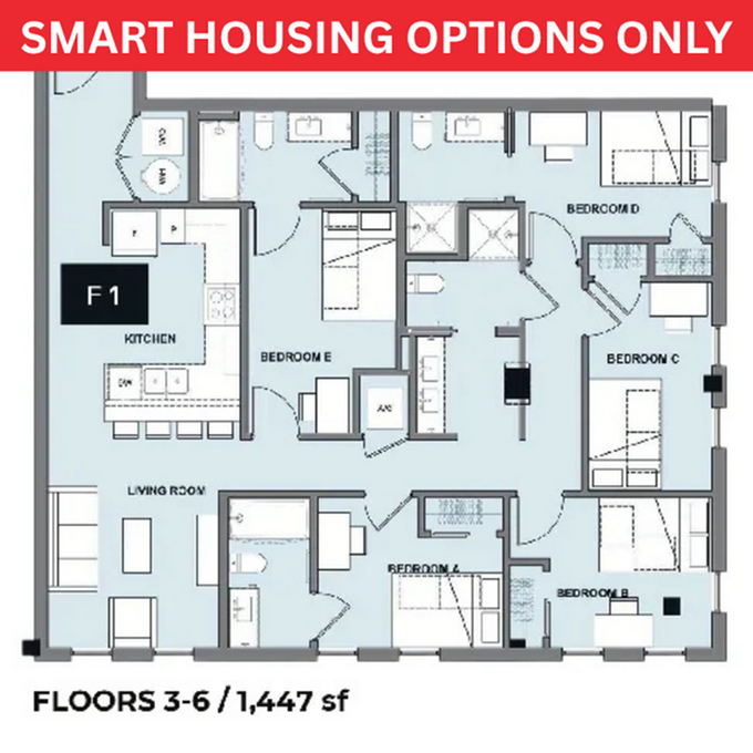 Smart housing floor plan F1 showcasing a modern layout with 5 bedrooms, an open kitchen, and a spacious living room, covering floors 3 to 6 with 1,447 sq ft.