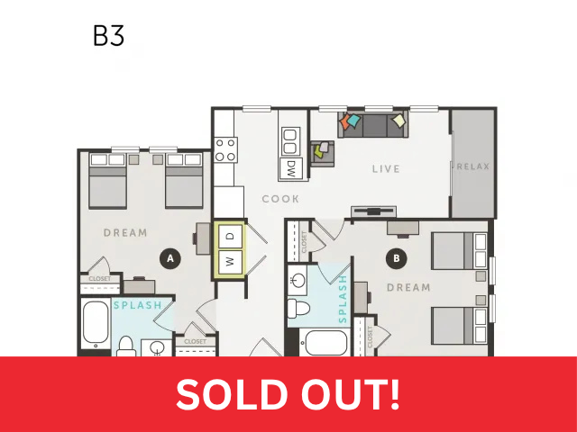 Modern B3 floor plan featuring 2 bedrooms, an open living space, and a sleek kitchen layout, all designed for comfort and relaxation. SOLD OUT!