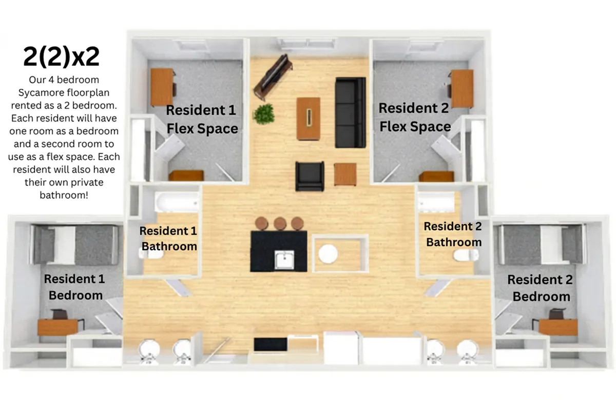 Clifton 2(2)x2 floor plan, uniquely designed as a two-bedroom layout with flexible spaces and private bathrooms, featuring modern open-concept living areas.