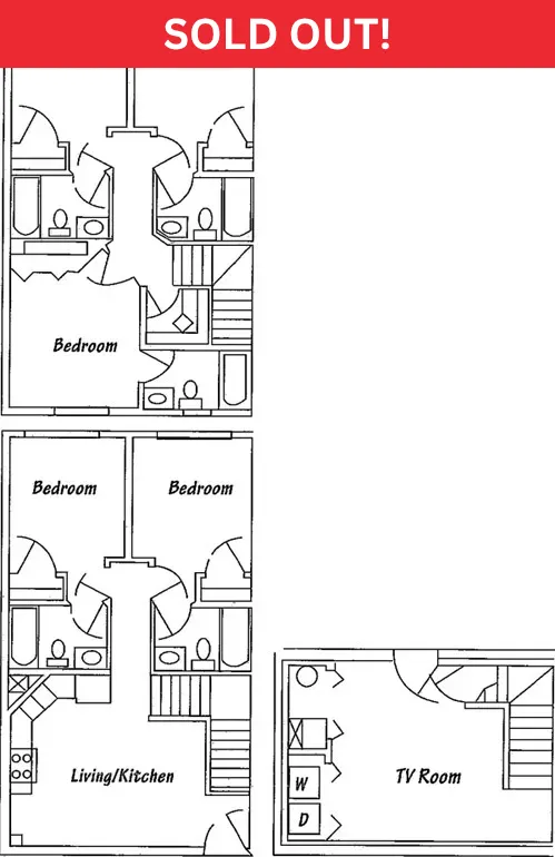 Charming floor plan featuring three cozy bedrooms, dual bathrooms, and a spacious living and kitchen area with an additional TV room, ideal for family living.