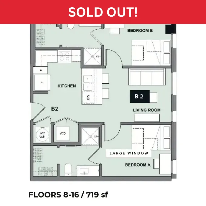 Contemporary floor plan showcasing a 2-bedroom, open living room, and modern kitchen, spread over 719 sq ft on floors 8-16.