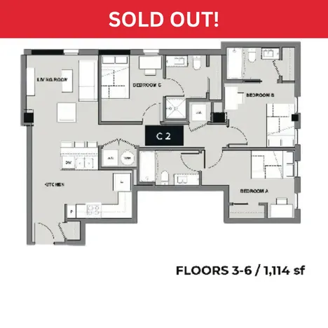 Elegant floor plan showcasing a spacious layout with three bedrooms, two bathrooms, and an inviting open-concept living area, spanning 1,114 square feet on floors 3-6.