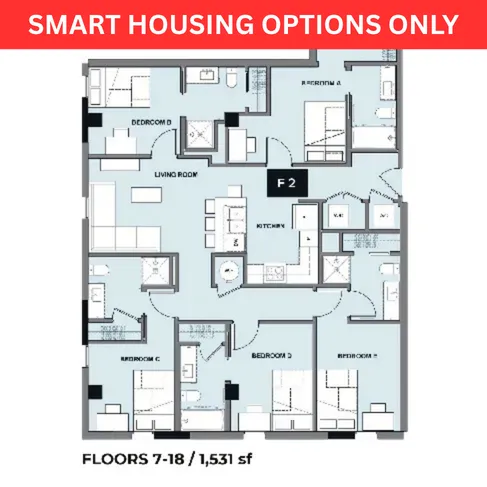 Modern floor plan for floors 7-18, featuring 4 bedrooms, open living room, and a fully equipped kitchen, spanning 1,531 sq ft.