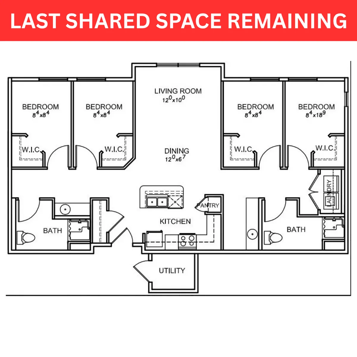 Spacious floor plan showcasing 4 bedrooms with walk-in closets, stylish kitchen with island, and open living-dining area. Last shared space available.