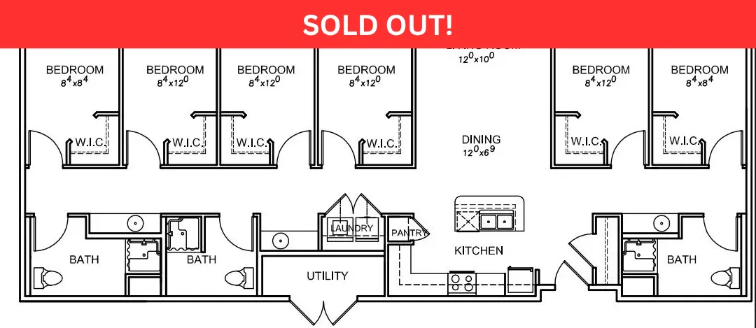 Expansive 2D floor plan featuring six bedrooms, modern kitchen with pantry, dining area, and convenient laundry space.