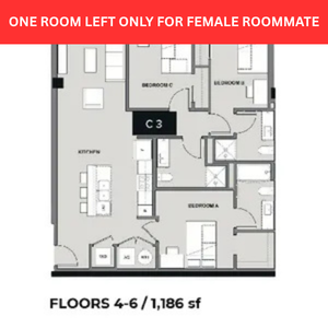 Modern floor plan showcasing 3 bedrooms, open-concept kitchen, and spacious living area, perfect for comfortable living on floors 4-6, 1,186 sq ft.