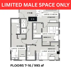 Contemporary floor plan featuring multiple large windows, spacious living areas, and modern kitchen, designed across floors 7-16 with 993 sq ft.