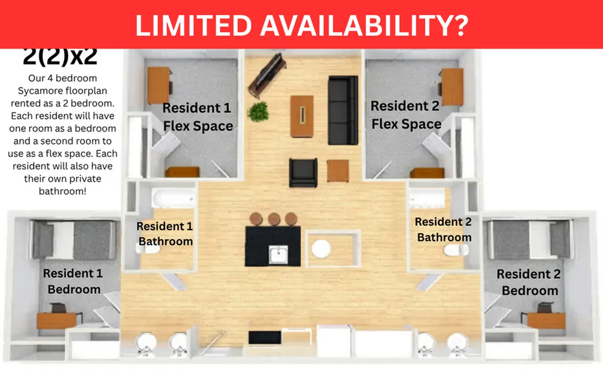 Limited availability! Spacious 4-bedroom Sycamore floor plan, rented as 2 bedrooms with flex space and private bathrooms for each resident. Modern open-concept living room and kitchen.