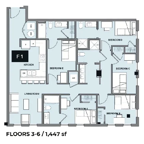 Spacious floor plan for floors 3-6 featuring a 4-bedroom layout, modern kitchen, and open living room, totaling 1,447 sq ft.