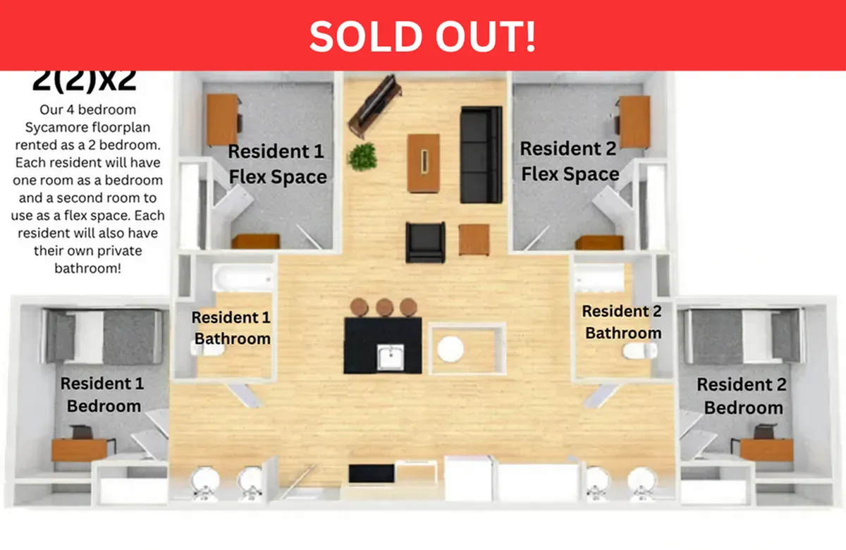Modern floor plan showcasing a versatile 2-bedroom, 2-bathroom layout with flex spaces, private bathrooms, and a central open living area.