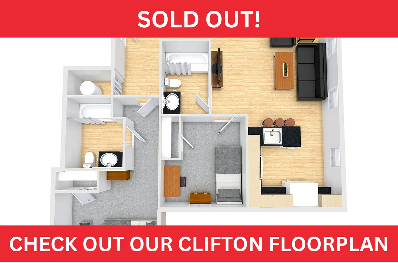 Modern Clifton floor plan showcasing a cozy open-concept living space, two bedrooms, and sleek wooden flooring. Perfect blend of style and functionality.