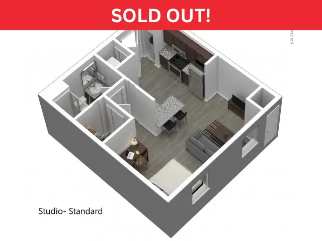 Modern 3D floor plan of a studio apartment featuring an open kitchen, cozy living area, and a chic bathroom, labeled \'Studio - Standard\', marked \'Sold Out\'.