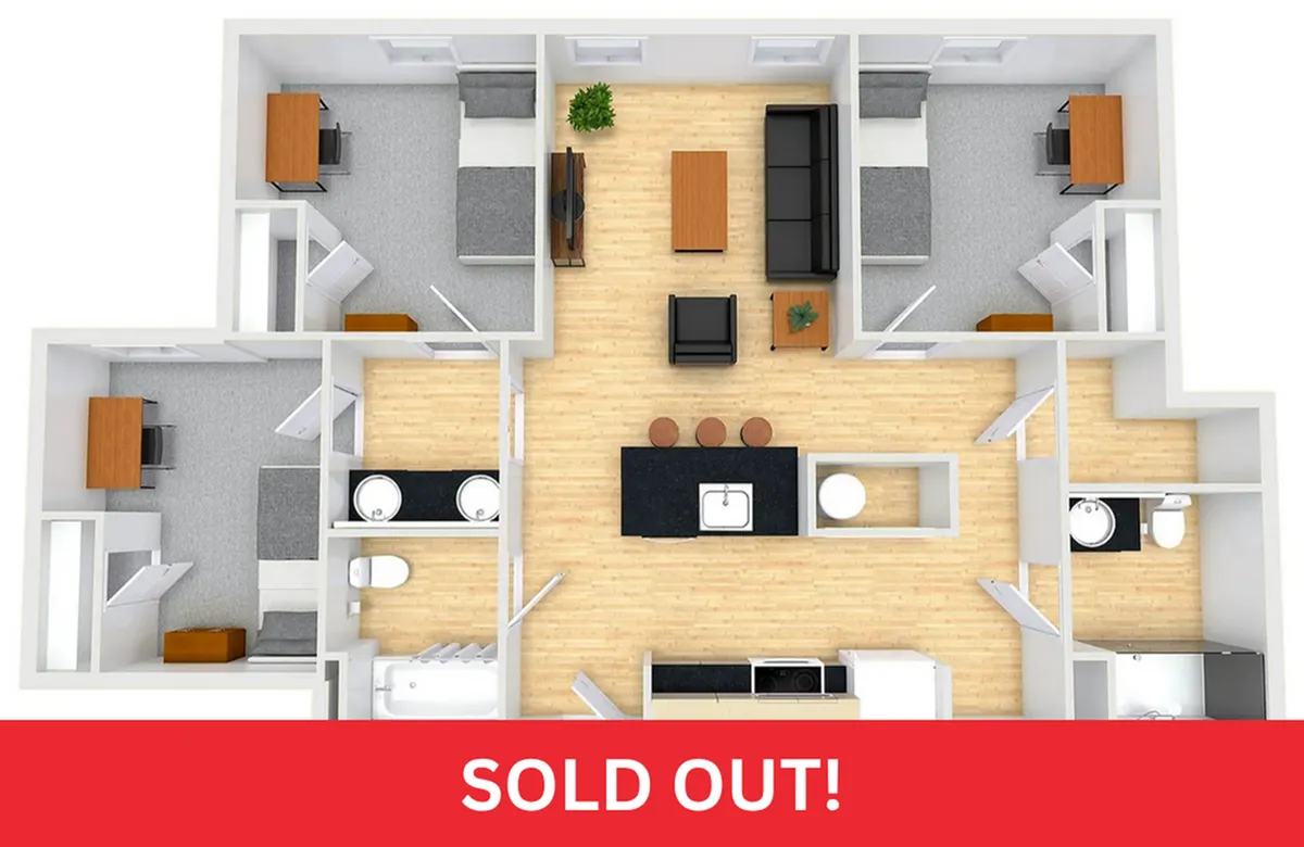 Chic 3-bedroom apartment floor plan featuring open living space, modern kitchen island, and dual bathrooms. Sold out!