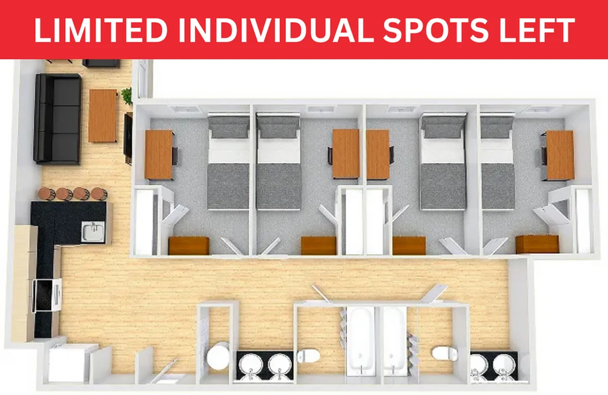 Contemporary 3D floor plan showcasing 4 cozy bedrooms, stylish living area, modern kitchen with bar seating, and dual spacious bathrooms.