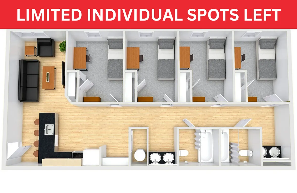 Modern floor plan with four spacious bedrooms, each featuring a study desk, alongside a sleek kitchen and cozy living area. Ideal for individual occupancy with limited spots available.
