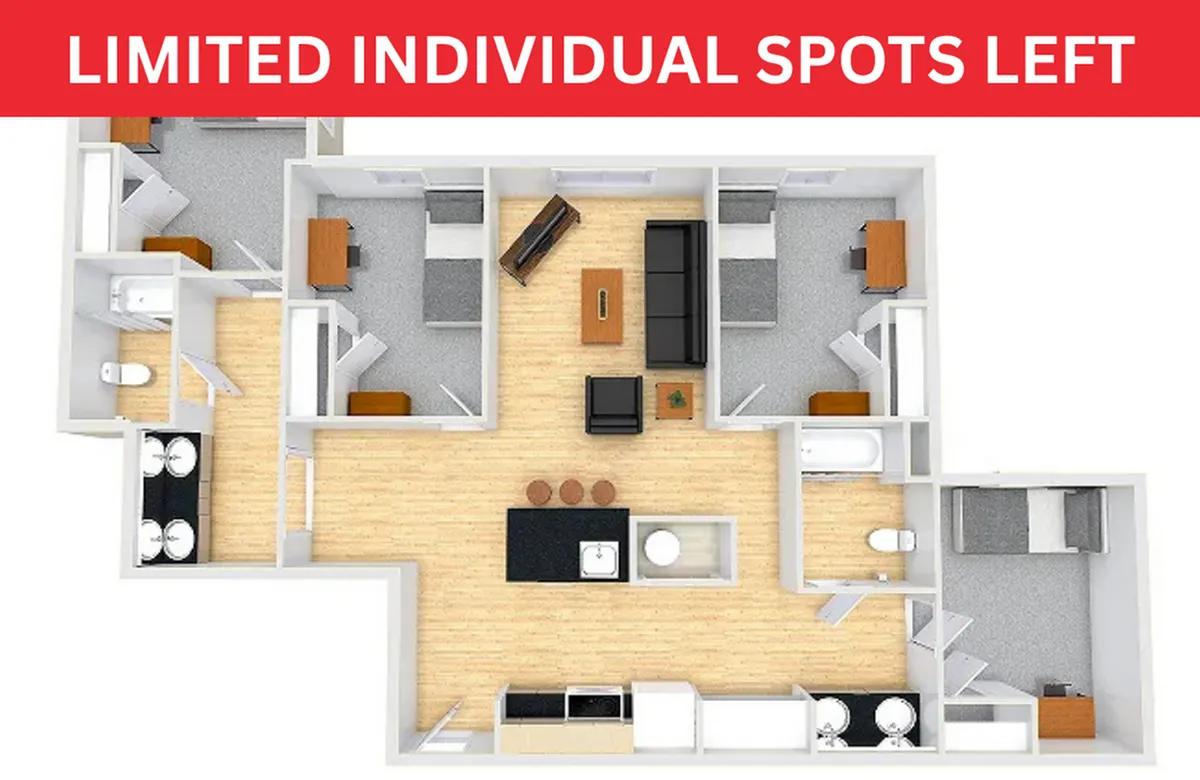Modern 3D floor plan showcasing an open-concept living area with three bedrooms and two bathrooms, featuring stylish wooden flooring and a central kitchen island. Limited availability makes this a prime opportunity.