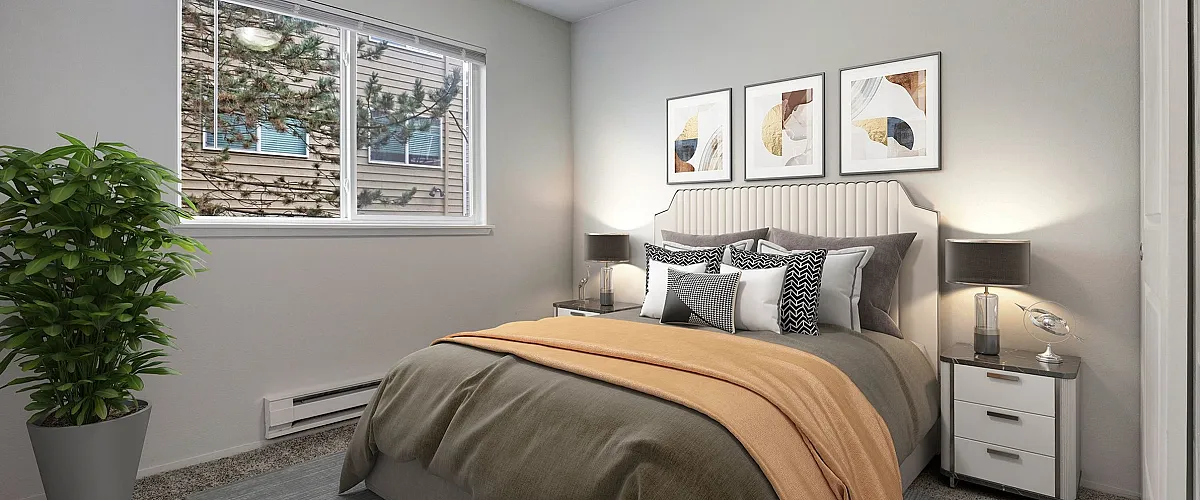 Cozy and inviting bedroom with modern decor, featuring a plush bed adorned with stylish pillows and a soft throw, complemented by a potted plant and elegant bedside lamps.