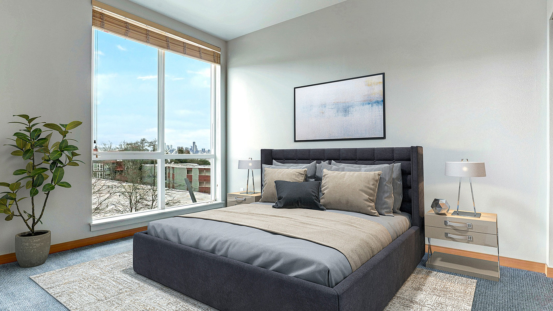 Bright and inviting bedroom with a plush upholstered bed, large window with city views, and elegant decor.