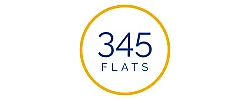 Modern logo of 345 Flats featuring bold blue text encircled by a sleek yellow ring.