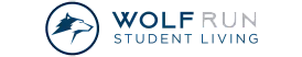 Modern logo for Wolf Run Student Living featuring a stylized wolf head and sleek typography.