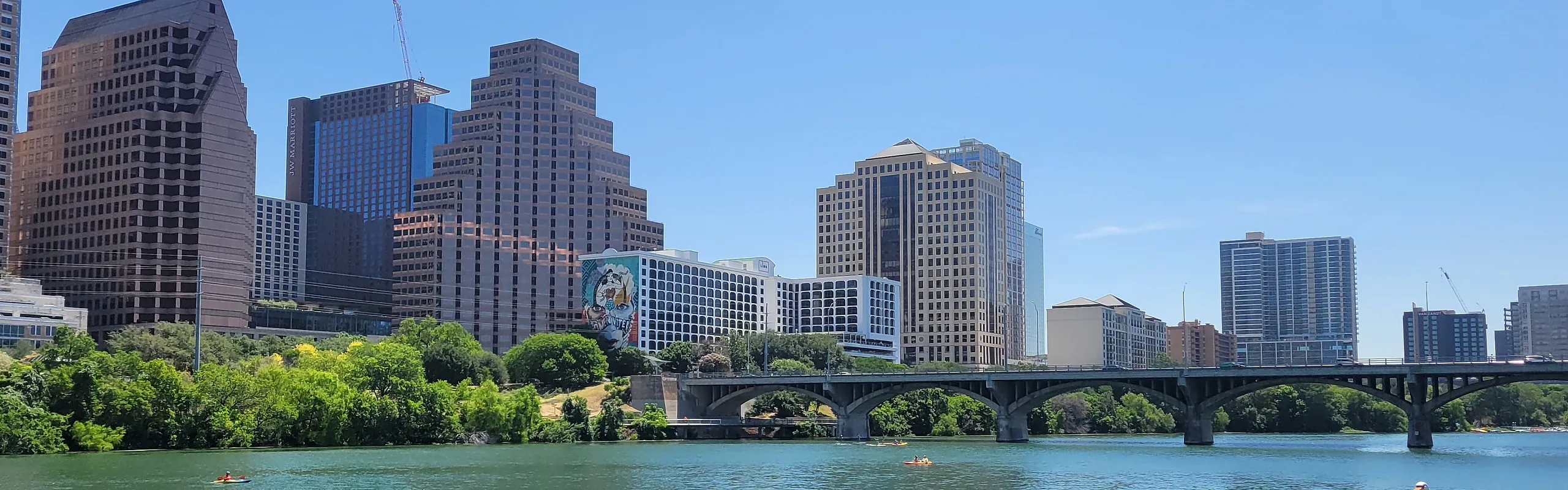 Serene riverside view of a vibrant city skyline with lush greenery, featuring kayakers and swan paddle boats on a sunny day.